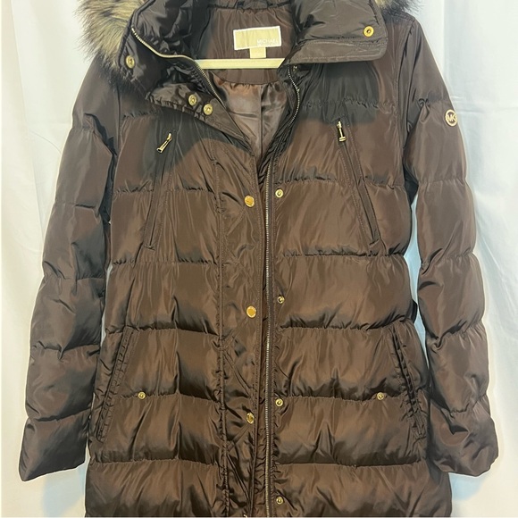 Michael Kors Brown Long Puffer Coat Belted Gold Logo Accents Women's Size L - Picture 4 of 11